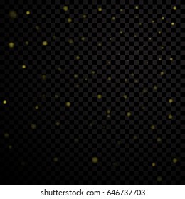 Gold light stars on dark transparent background. Abstract bokeh glowing design. Shine bright elements. Golden shiny fantasy glow in dark. Vector illustration