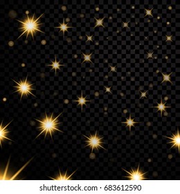 Gold light stars on dark transparent background. Abstract bokeh glowing design. Shine bright elements. Golden shiny fantasy glow in dark. Vector illustration