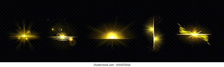 Gold light, sun radiant, golden line, sunburst isolated on black background. Dusk or dawn bursting rays, firework glow, blast or magic beams, yellow spark. Realistic 3d vector illustration, icons set