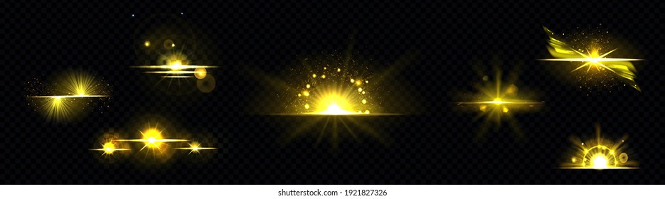 Gold light, sun radiant, golden line, sunburst isolated on black background. Dusk or dawn bursting rays, firework glow, blast or magic beams, yellow spark. Realistic 3d vector illustration, icons set