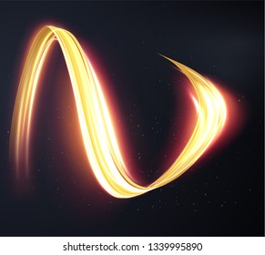 Gold light trail effect on black background. Magic light. Gold glowing neon line. Glowing swirl luxury golden light effect.