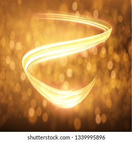 Gold light trail effect on black background. Magic light. Gold glowing neon line. Glowing swirl light effect.
