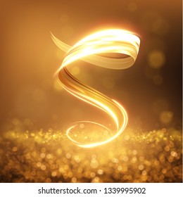 Gold light trail effect on black background. Magic light. Gold glowing neon line. Glowing swirl light effect.