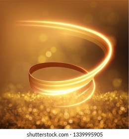 Gold light trail effect on black background. Magic light. Gold glowing neon line. Glowing swirl light effect.