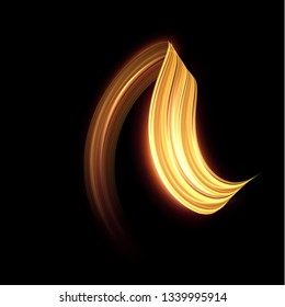 Gold light trail effect on black background. Magic light. Gold glowing neon line. Glowing swirl light effect.