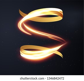 Gold light trail effect on black background. Magic light. Gold glowing neon line. Glowing swirl light effect.