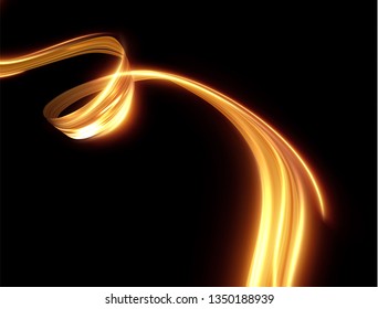 Gold light trail effect on black background. Magic light. Gold glowing neon line. Glowing swirl light effect.
