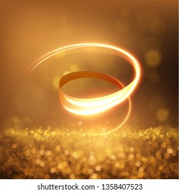 Gold light trail effect on black background. Magic light. Gold glowing neon line. Glowing swirl light effect.