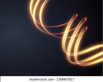 Gold light trail effect on black background. Magic light. Gold glowing neon line. Glowing swirl light effect.