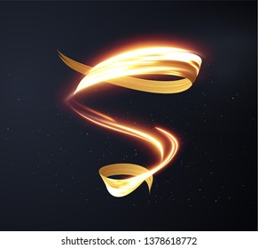 Gold light trail effect on black background. Magic light. Gold glowing neon line. Glowing swirl light effect.
