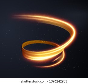 Gold light trail effect on black background. Magic light. Gold glowing neon line. Glowing swirl light effect.