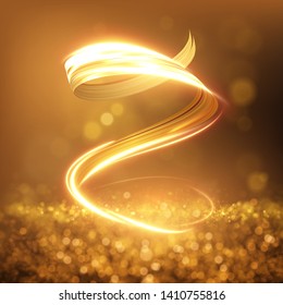 Gold light trail effect on black background. Magic light. Gold glowing neon line. Glowing swirl light effect.