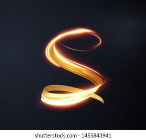 Gold light trail effect on black background. Magic light. Gold glowing neon line. Glowing swirl light effect.