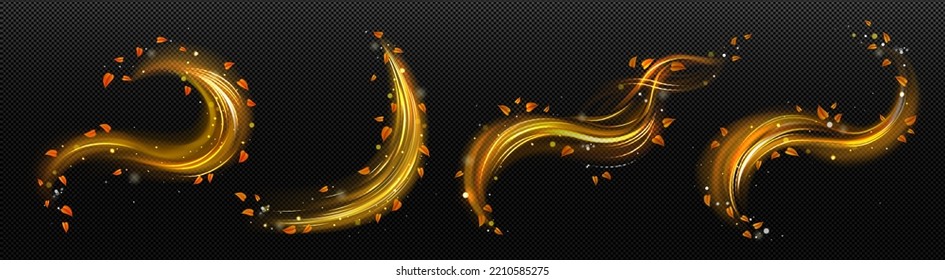 Gold light trails with flying orange leaves. Autumn wind swirls, magic golden swirls and waves isolated on transparent background, vector realistic illustration