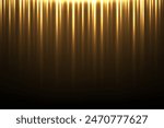 Gold light vertical lines on black background. Glowing abstract futuristic shiny pattern. Bright rays on dark background. Golden stage curtain. Vector illustration.
