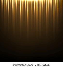 Gold light vertical lines on black background. Glowing abstract futuristic shiny pattern. Bright rays on dark background. Golden stage curtain. Vector illustration.