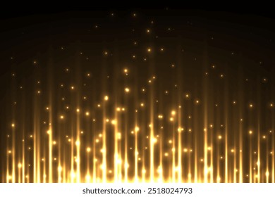 Líneas de Vertical de luz dorada sobre fondo negro. Brillante patrón brillante futurista abstracto. Rayos brillantes sobre fondo oscuro. Cortina de escenario dorada. Ilustración vectorial.