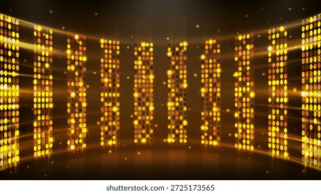 Gold light wall panel in black stage spotlight luxury abstract modern background with flying star lights template