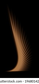 Gold light wings glowing on black background. Yellow bright flare lines shining vector illustration. Flash of light with ray beams and shade. Motion flow effects with blur.
