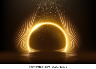 Gold light wings with glowing on black background. Yellow neon bright flare lines shining vector illustration. Golden shiny ring with mirror reflection on water. Motion flow effects with blur.