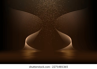 Gold light wings with glowing on black background. Yellow neon bright flare lines shining with mirror reflection on water vector illustration. Motion flow effects with blur.