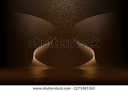 Gold light wings with glowing on black background. Yellow neon bright flare lines shining with mirror reflection on water vector illustration. Motion flow effects with blur.