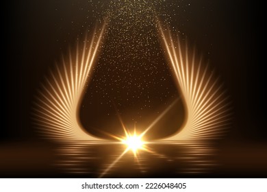 Gold light wings with star glowing on black background. Yellow bright flare lines shining vector illustration. Flash of light with ray beams and shade. Motion flow effects with blur.