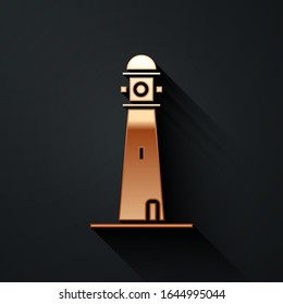 Gold Lighthouse icon isolated on black background. Long shadow style. Vector Illustration