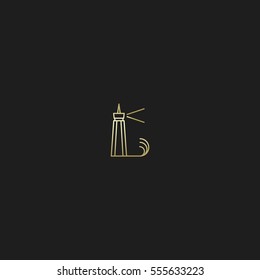 Gold Lighthouse and Wave Logo. Isolated.