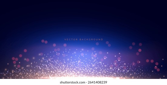 Gold lighting effect shining bokeh illustration on dark blue background. Vector illustration