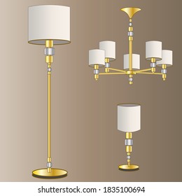 Gold lighting fixtures with white shades. Classic. A set of lamps from the palace. Floor lamp, chandelier, table lamps. Isolated vector objects.