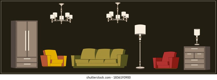 Gold lighting fixtures with white shades. Classic. Floor lamp, chandelier, table lamps. A set of furniture. Cozy home. Wardrobe, chest of drawers, two armchairs, sofa. Vector isolated objects.