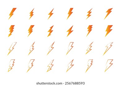 Gold Lightning bolt icons isolated on a white background. Lightning bolt icons. Vector illustration, Power energy icon sign in filled, thin, line, outline and stroke style