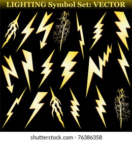 Gold lightning set isolated on black. Vector