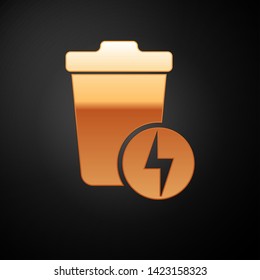 Gold Lightning with trash can icon isolated on black background. Waste to energy. Garbage bin sign. Recycle basket sign. Vector Illustration