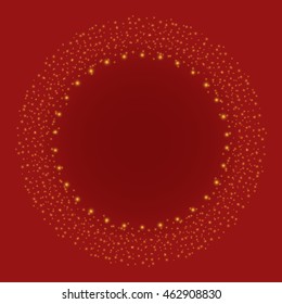 Gold lights on red Merry Christmas background. Wreath of flashes. Happy New Year. Vector Illustration