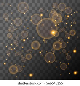 Gold lights on transparent background. Glow light effect for decoration cover, greeting card, invitations printing, brochure or flyer. Vector illustration.