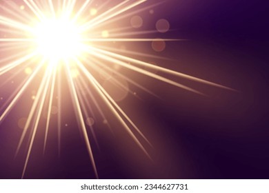 Gold Lights Shining with Lens Flare on Dark Background, Vector Illustration