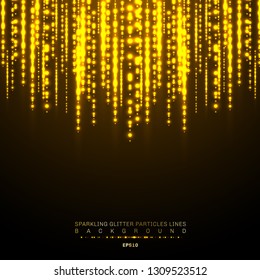 Gold lights shiny vertical line glitters holiday festival on dark background. Golden christmas confetti shining lights pattern. Magic rain of sparkling glitter particles lines. Vector illustration