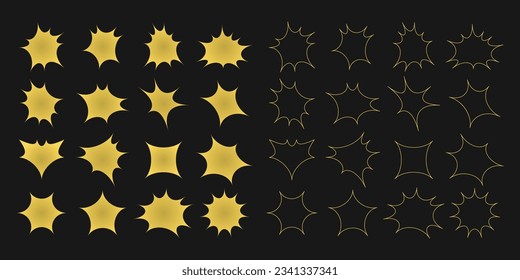 Gold like isolated silhouette and out line pointy distorted random shapes design elements template set on black background