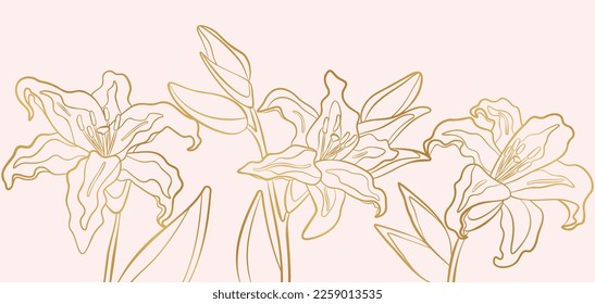 Gold lilies gradient banner. Golden botanical vector illustration. Floral lily wallpaper art design in pastel luxury colors.