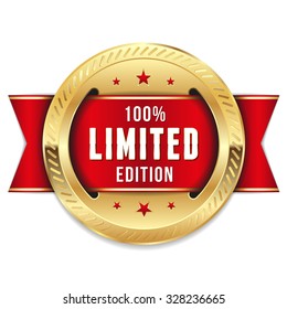 Gold limited edition rosette with red ribbon on white background