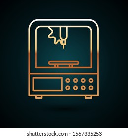 Gold line 3D printer icon isolated on dark blue background.  Vector Illustration