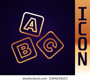 Gold line ABC blocks icon isolated on black background. Alphabet cubes with letters A,B,C.  Vector