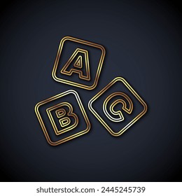 Goldene Linie ABC-Blöcke Symbol isoliert auf schwarzem Hintergrund. Alphabet-Würfel mit den Buchstaben A, B, C. Vektorgrafik