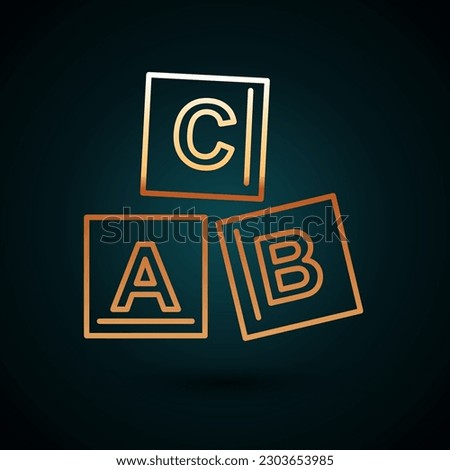 Gold line ABC blocks icon isolated on dark blue background. Alphabet cubes with letters A,B,C.  Vector Illustration