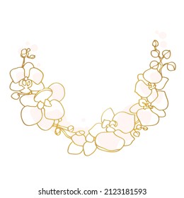 Gold line abstract hand drawn semicircular orchid wreath, floral logo line drawing, wedding design, sketch