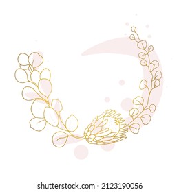 Leyenda de oro abstracta a mano dibujada en un semicírculo de flores de protea y hojas de eucalipto, logo floral, lineal, exquisito, diseño de boda