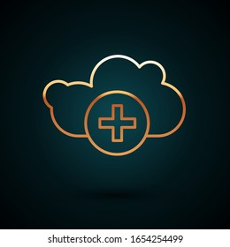 Gold line Add cloud icon isolated on dark blue background. Data storage on the cloud.  Vector Illustration
