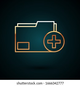 Gold-Zeile Hinzufügen neuer Ordner Symbol einzeln auf dunkelblauem Hintergrund. Neue Ordnerdatei. Dokument-Symbol kopieren. Fügen Sie erstellen Ordner erstellen neue plus. Vektorillustration-Illustration